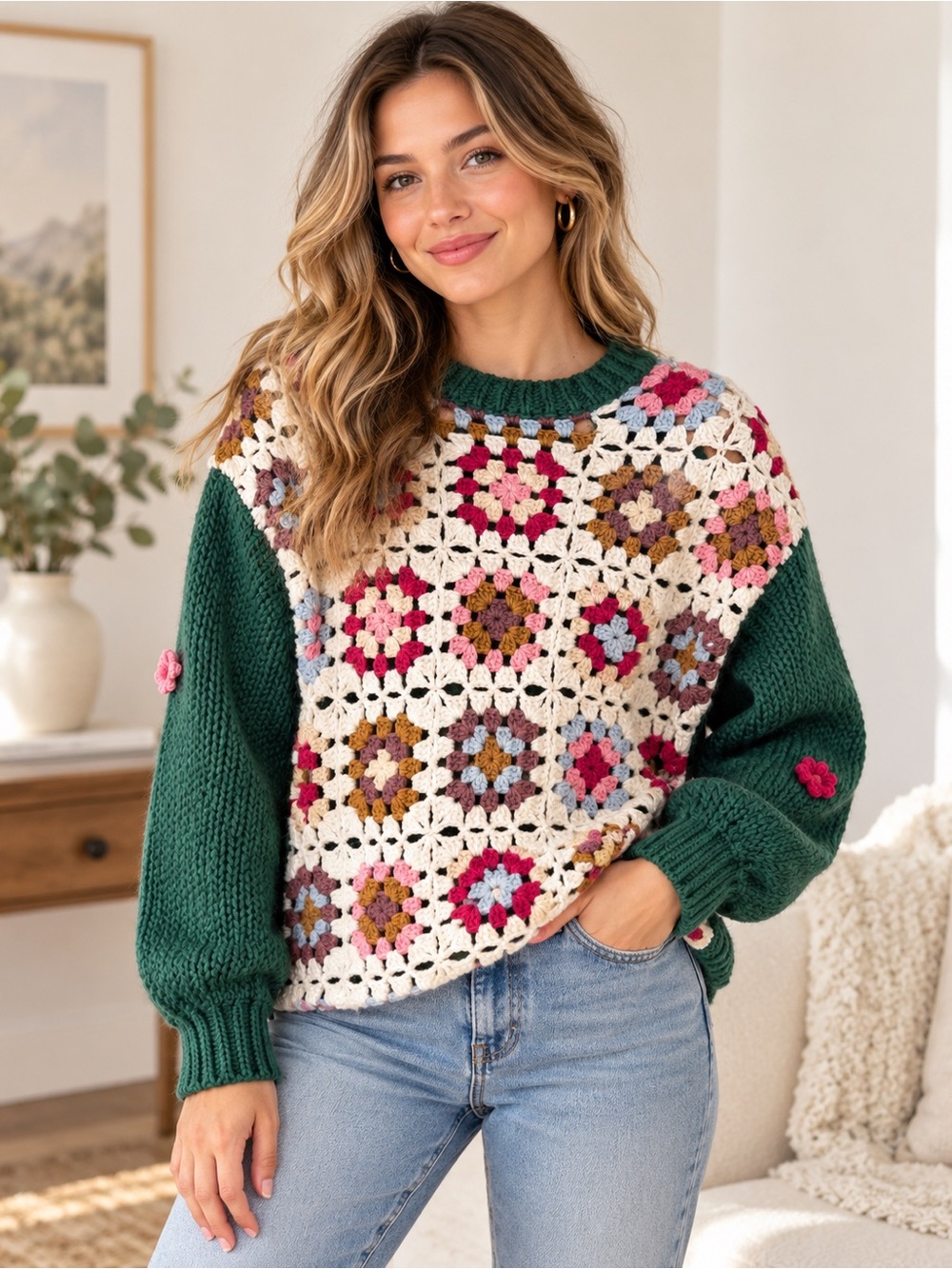 Listicle Granny Square Crochet Sweater L | Boho Cottagecore Grannycore Green
